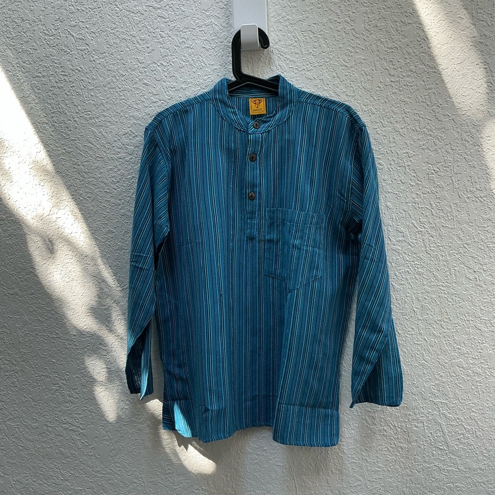 Turquoise Blouse with Mandarin Collar and Full-Length Sleeves size M - cotton